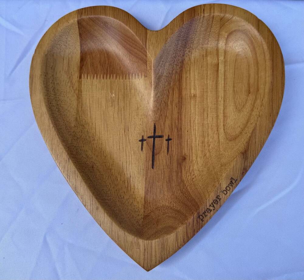 Heart Shaped Wooden Prayer Bowl with Engraved Cross Design